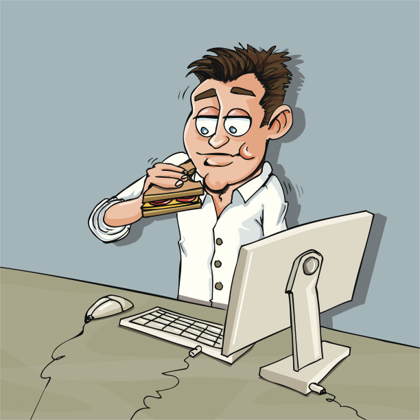 卡通人物在办公桌前吃午饭图片下载