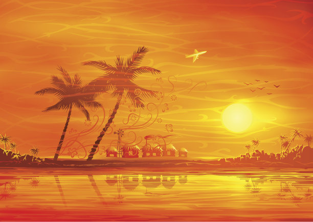 热带风景，棕榈树和平房图片下载