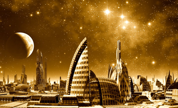 未来的城市景观与夜空插图图片下载