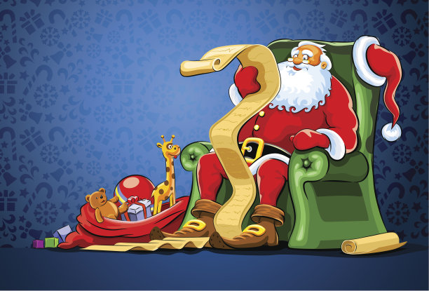 圣诞老人坐在椅子上，拿着一袋礼物图片下载