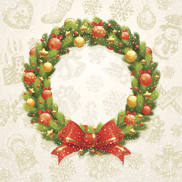 有蝴蝶结和小装饰品的圣诞花环图片下载