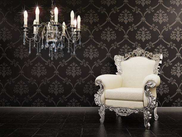 经典的豪华房间，有一把椅子和复古墙纸素材图片