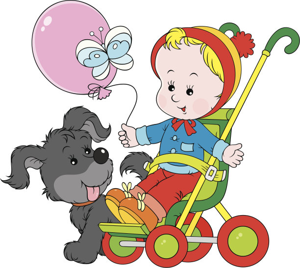 婴儿车里的小孩和有趣的小狗图片下载