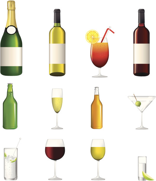 高度详细的矢量图标收集不同的酒精饮料图片下载