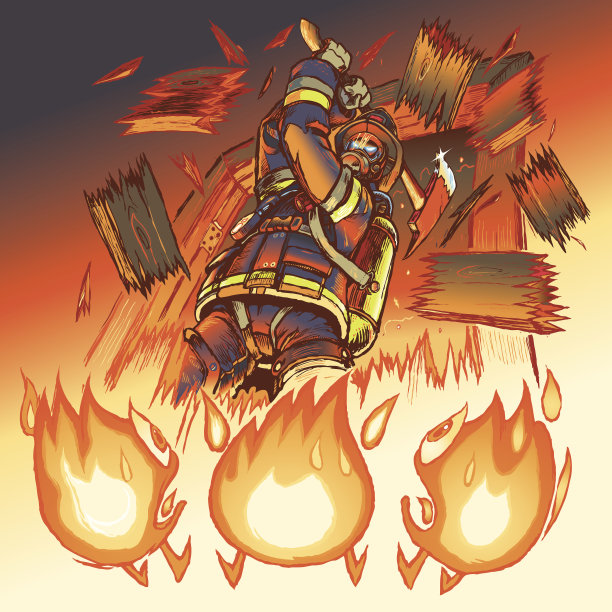 消防队员战斗卡通火焰矢量插图图片下载