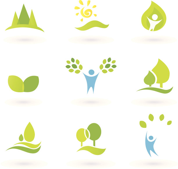 树，树叶和生态矢量图标集(蓝色和绿色)图片下载