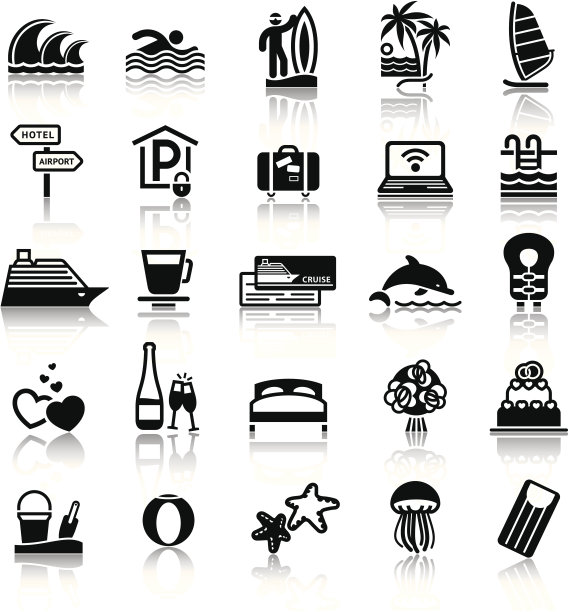 图标-度假，旅游和娱乐。带有反射的黑色标志图片下载