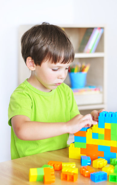 男孩在玩玩具砖图片下载