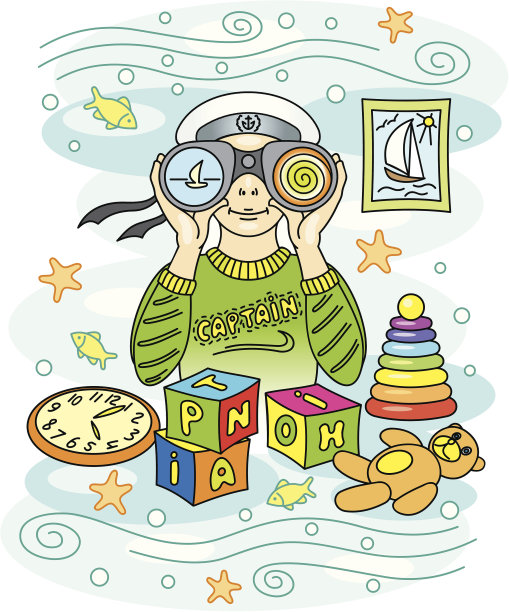 男孩用双筒望远镜看。孩子的幻想。图片下载