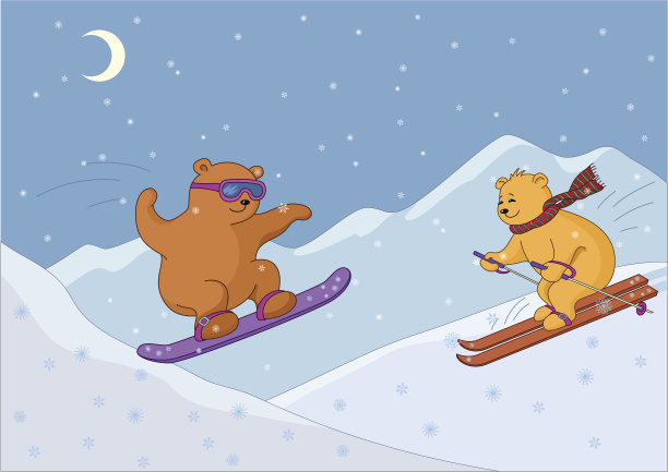 泰迪熊晚上在山上滑雪图片下载