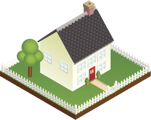 古色古香的房子与尖桩篱笆等距视图图片下载