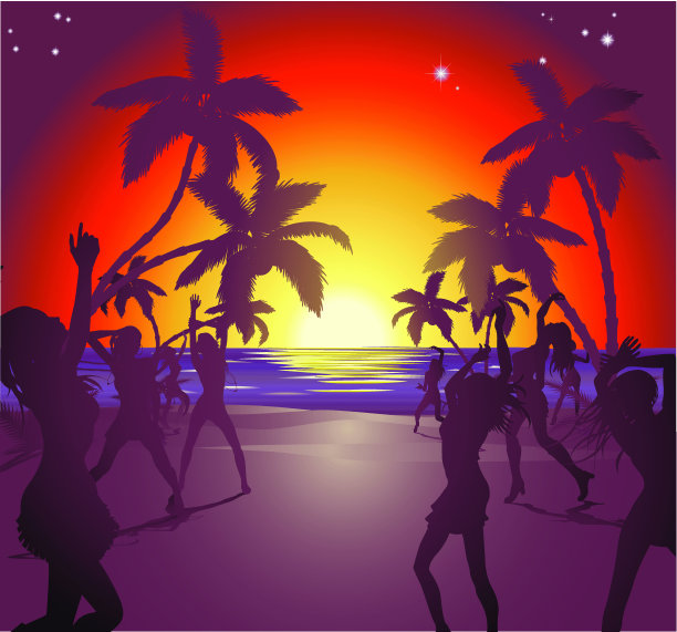 日落海滩派对插图图片下载