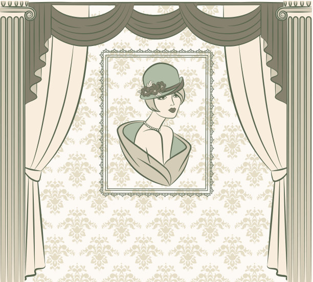 复古窗帘与剪影的女孩。向量图片下载