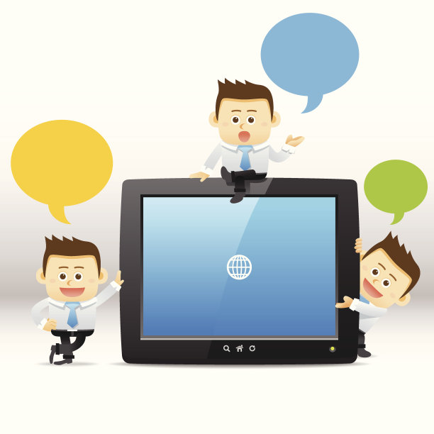 三个卡通商人围着一台平板电脑图片下载