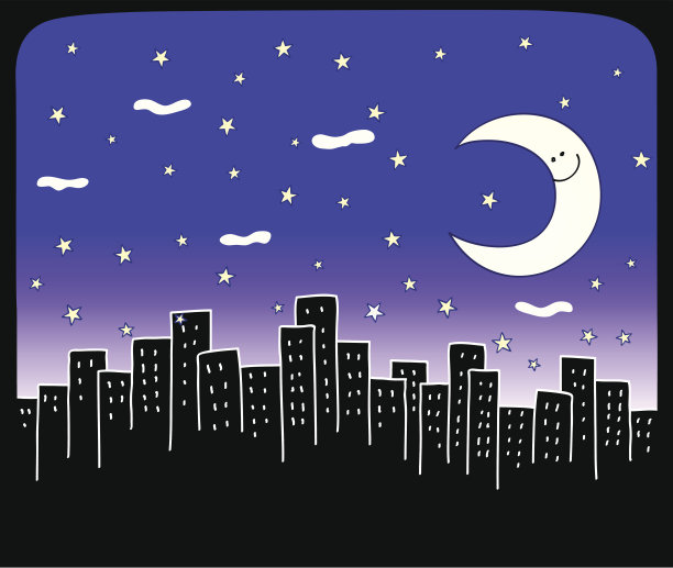 城市剪影在夜晚与月亮和星星卡通图片下载