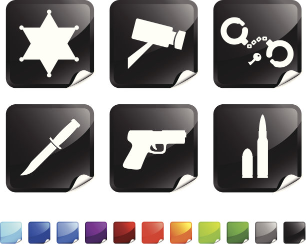 一套法律主题图标，白色模板上的黑色背景。图片下载