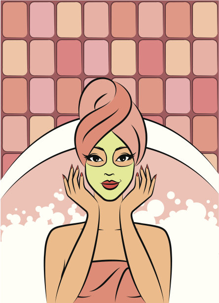 美丽的女人在毛巾和面膜。向量图片下载