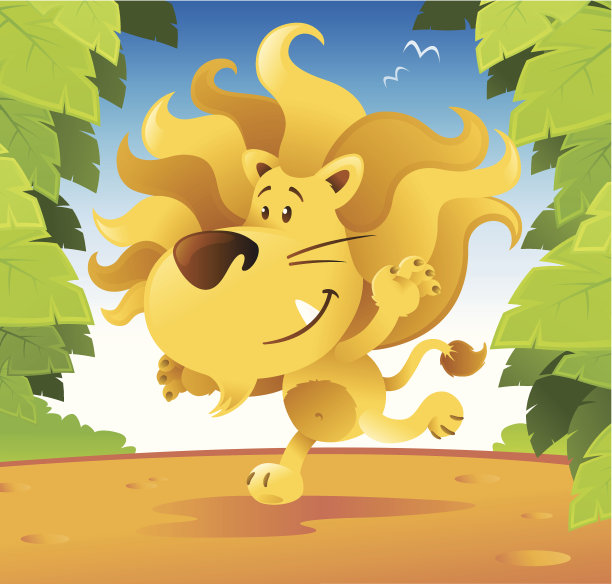 可爱的卡通狮子在丛林中奔跑。图片下载