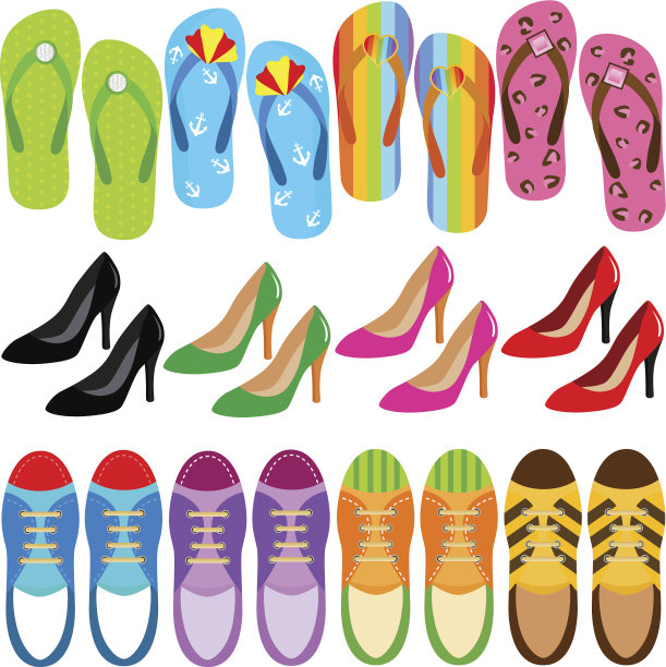 可爱的矢量图标:鞋子:凉鞋，运动鞋，高跟鞋图片下载