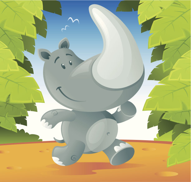可爱的卡通犀牛在丛林中奔跑。图片下载