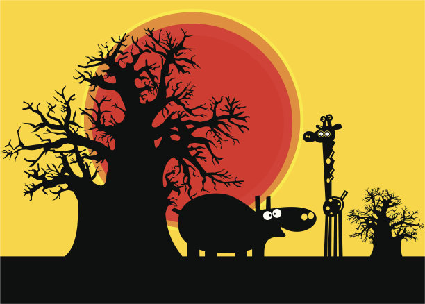 非洲河马和长颈鹿的滑稽剪影图片下载