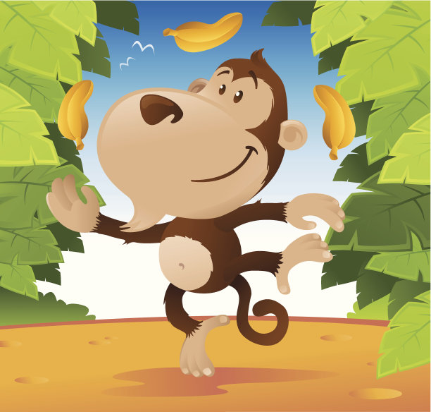 可爱的卡通猴子在丛林中杂耍。图片下载