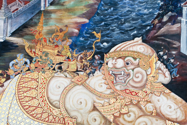 复古传统泰式艺术绘画以寺庙为背景。图片下载