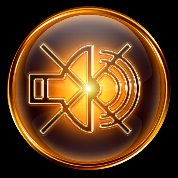 扬声器关闭图标黄金，孤立在黑色背景。图片下载