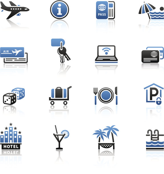 一套16蓝色，白色和黑色旅游相关的图标图片下载