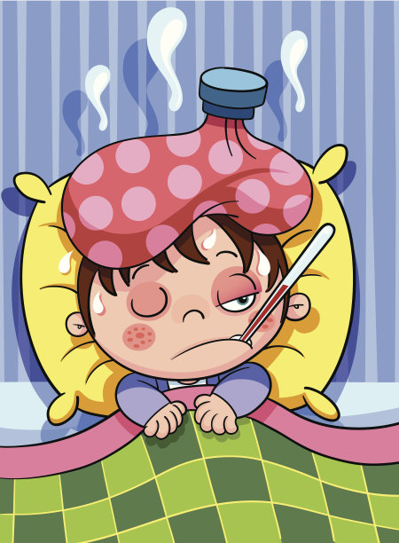 一个生病的孩子拿着体温计躺在床上的漫画图片下载