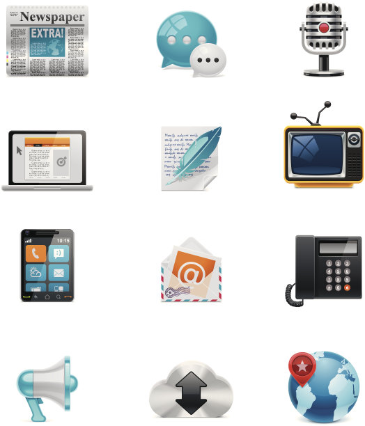 一套12个丰富多彩的交流和社交媒体图标图片下载