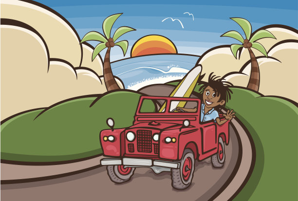 冲浪者在红色路虎热带海滩图片下载