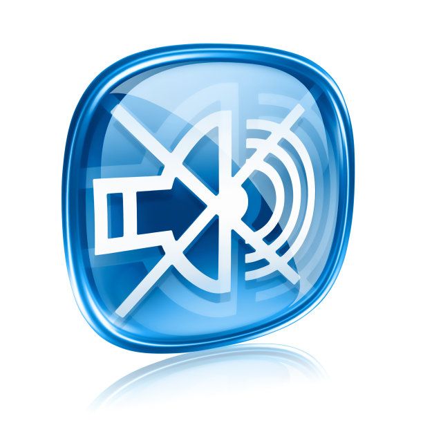 扬声器关闭图标蓝色玻璃，孤立在白色背景。图片下载