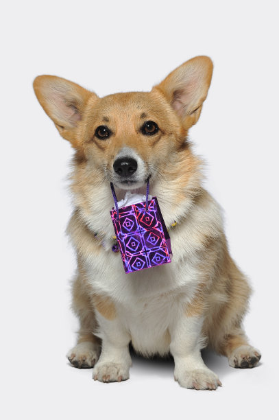 可爱的小狗与礼品袋坐着看直图片下载