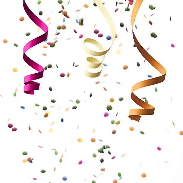 白色背景上点缀着五彩纸屑和三条卷曲的丝带图片下载