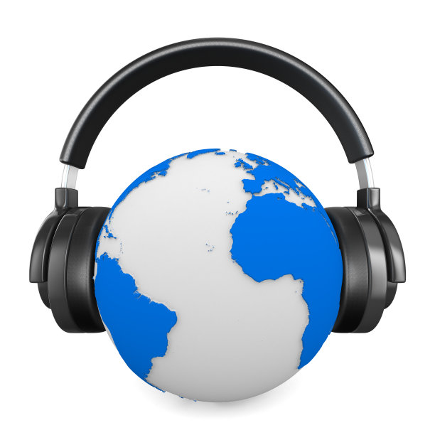 白色背景上的耳机和地球仪。孤立的三维图像图片下载