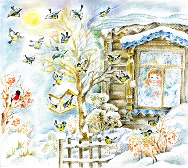 女孩欣赏山雀图片下载