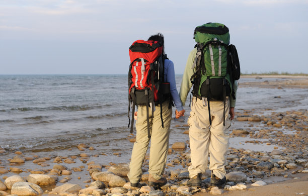 在海岸线上背着背包手牵手的夫妇图片下载