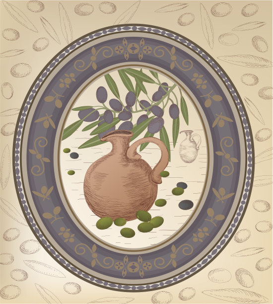 陶罐，橄榄枝在装饰框架，铅笔画的背景图片下载