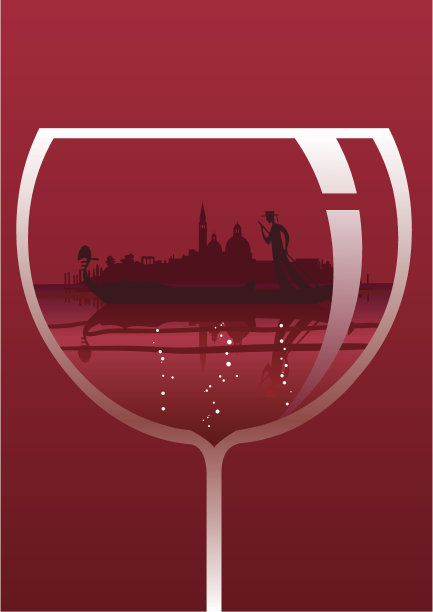 威尼斯泻湖和贡多拉倒入红酒酒杯图片下载