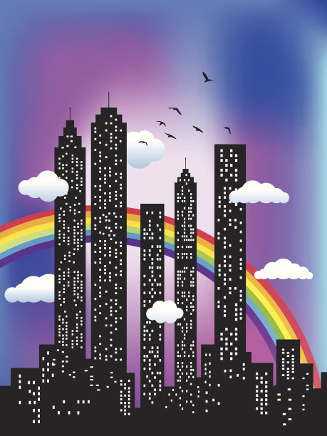 城市天际线与天空和彩虹剪影插图图片下载