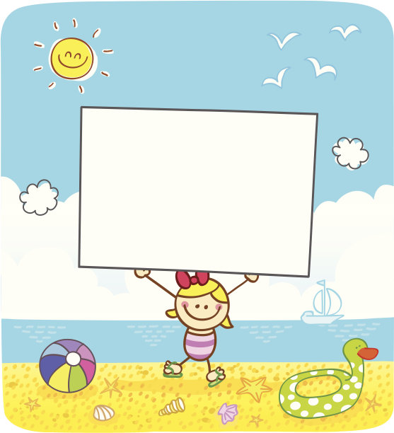 快乐的女孩在海滩上举横幅卡通插图图片下载