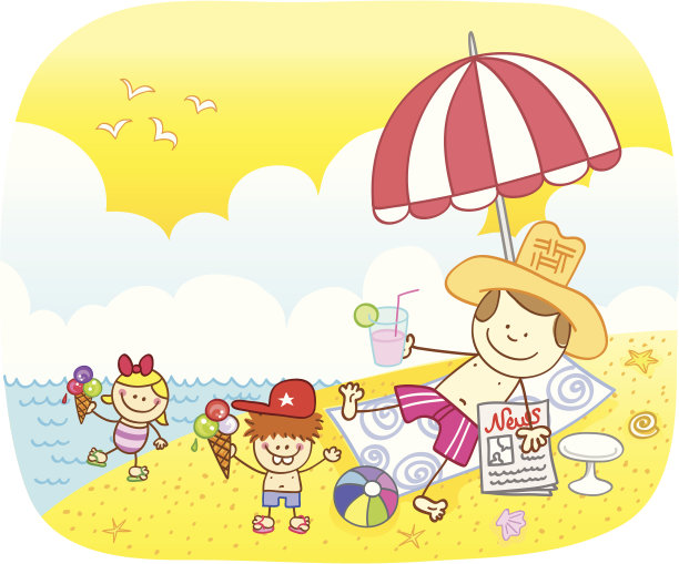 父亲和孩子在海滩插图图片下载