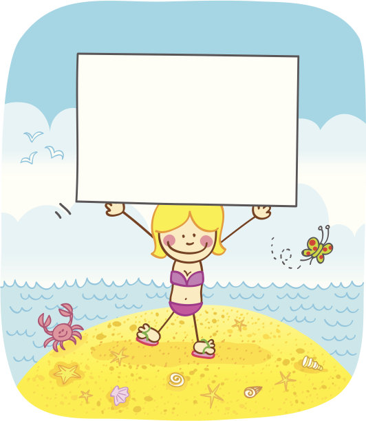 快乐的女人在海滩上举着横幅卡通插图图片下载