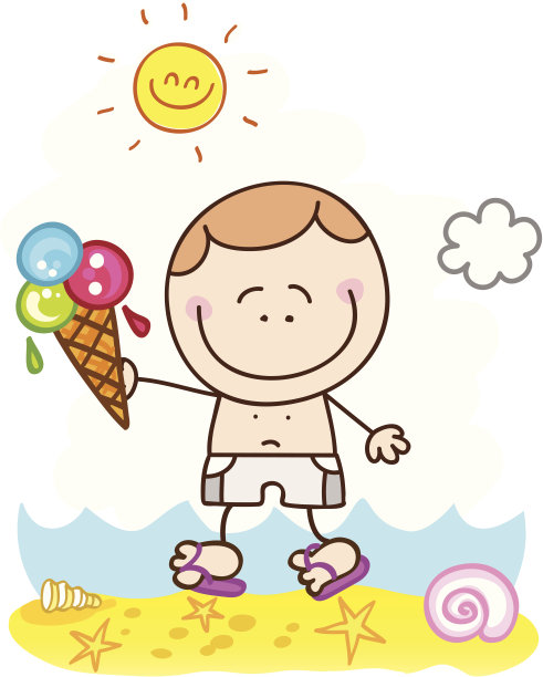 快乐的男孩与冰淇淋在海滩卡通插图图片下载