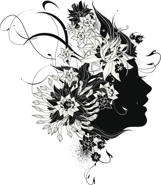 抽象的女性侧面用黑色和白色的花图片下载