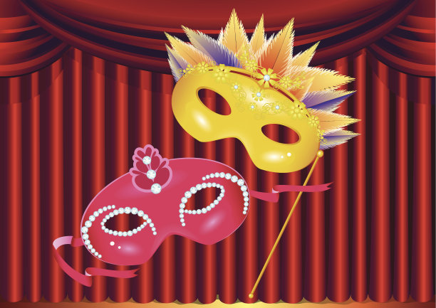 红色窗帘背景上的两个遮罩图片下载