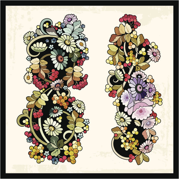 Vector花卉饰品在东方复古风格图片下载