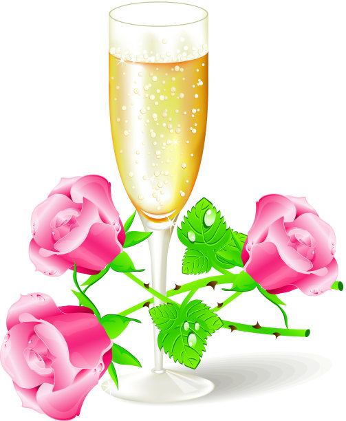 一杯带粉红玫瑰的香槟图片下载