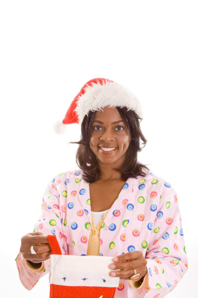微笑的非洲裔美国妇女圣诞袜，孤立的白色背景图片下载